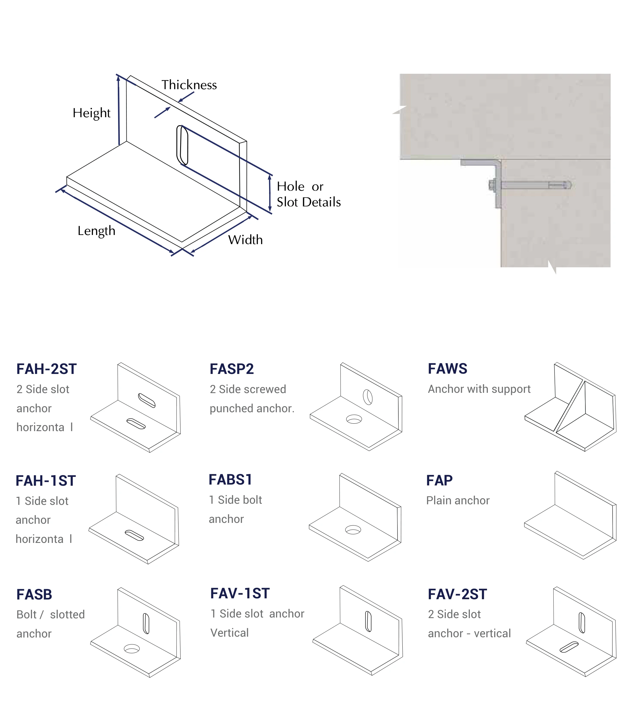 FERREX anchor plate dimension diagram and nine anchor types from FAH-2ST to FAV-2ST