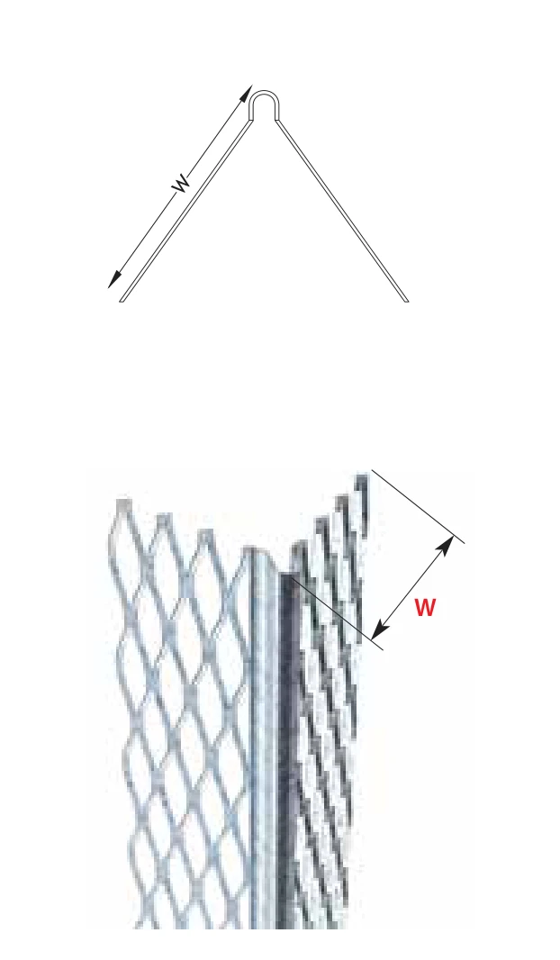 FERREX angle bead: section drawing with wing width W and view of the expanded mesh wings