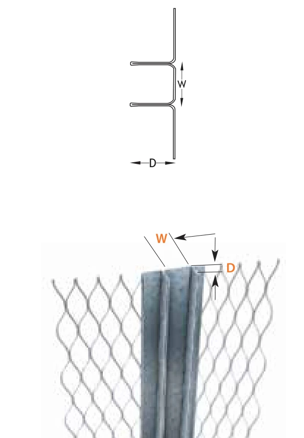 FERREX double sided mesh architrave bead: section drawing with width W and depth D, and view of the bead
