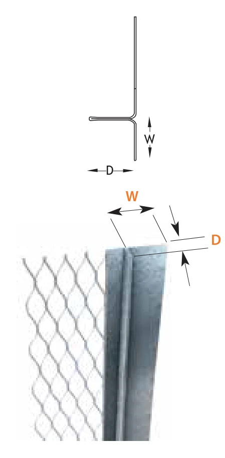 FERREX architrave bead without flange: section drawing with width W and depth D, and view of the bead
