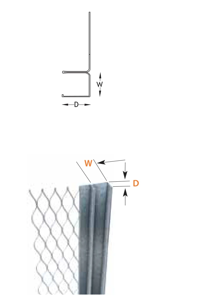 FERREX architrave bead: section drawing with width W and depth D, and view of the bead