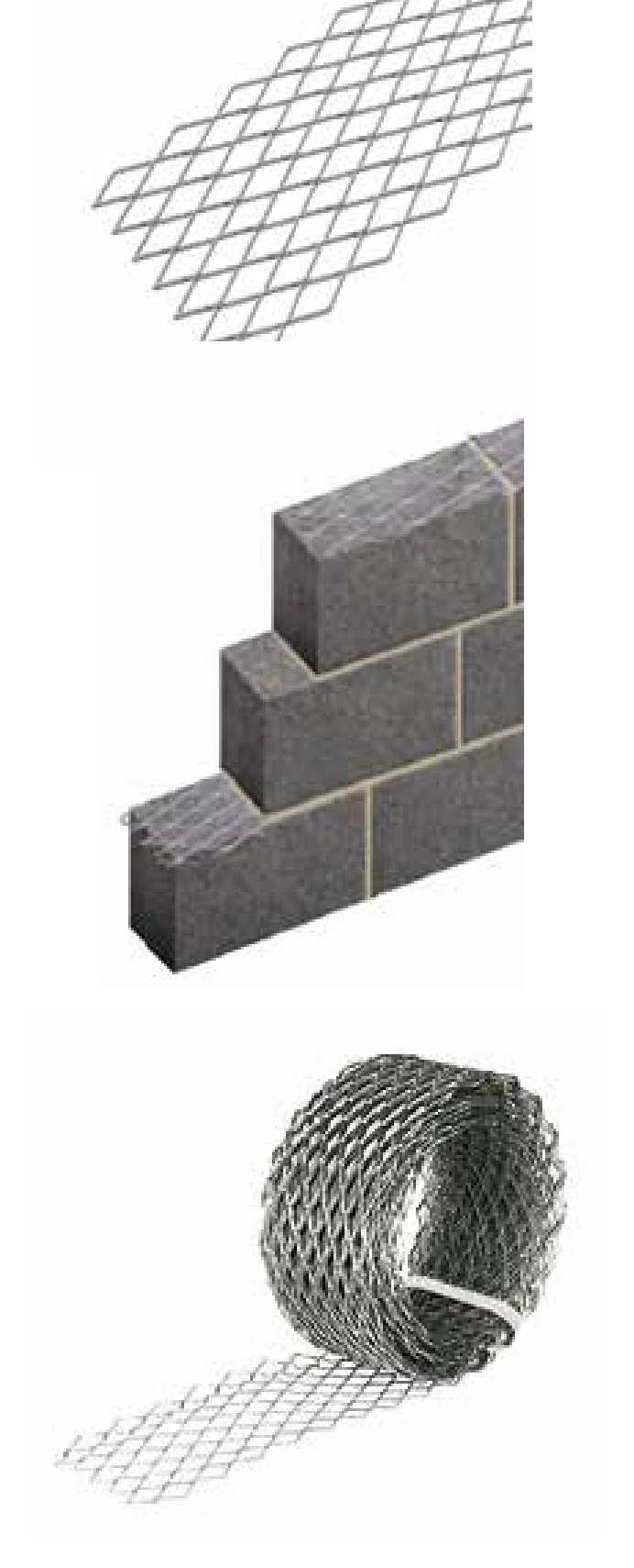 FERREX block work mesh: mesh detail, mesh laid in a block wall, and a coil