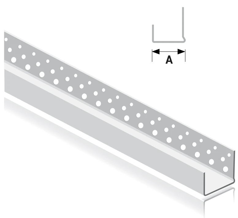 Technical drawing of FERREX Board Channel Perforated: edge channel with a perforated leg and width A