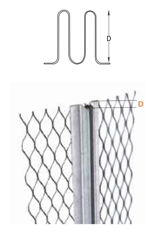 FERREX control joint bead: section drawing with depth D and view of the bead between mesh wings