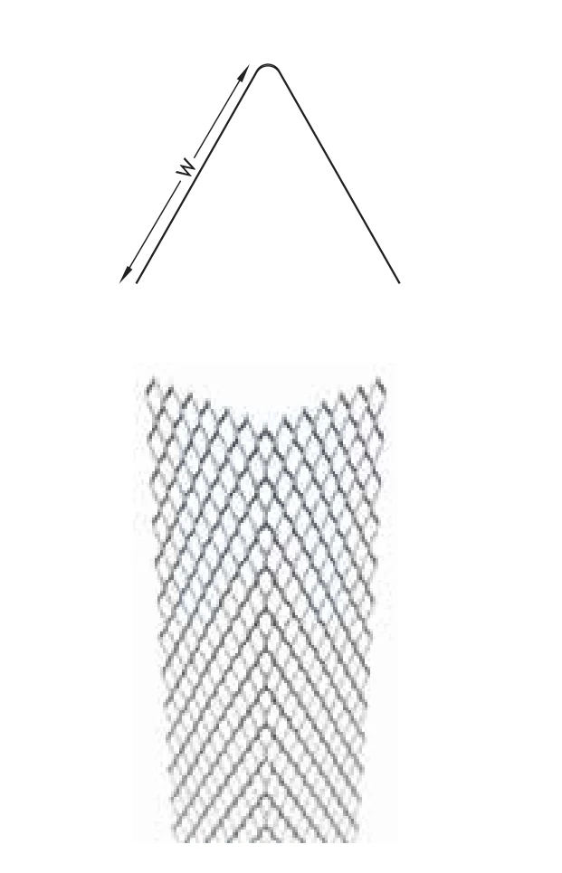 FERREX corner mesh lath: section drawing with wing width W and view of the bent mesh