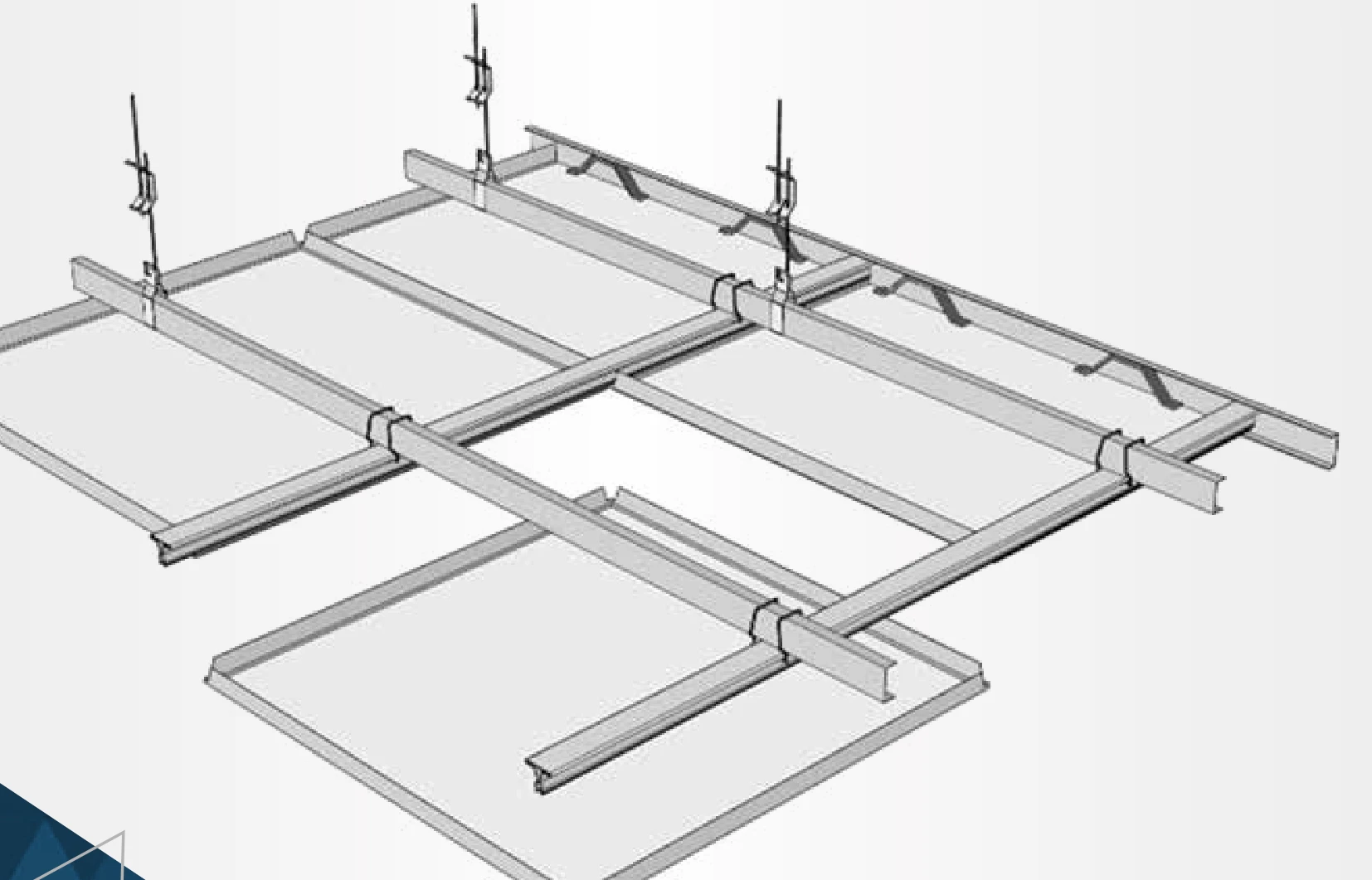 Concealed clip-in ceiling assembly with hangers, main channels, spring tees and tiles