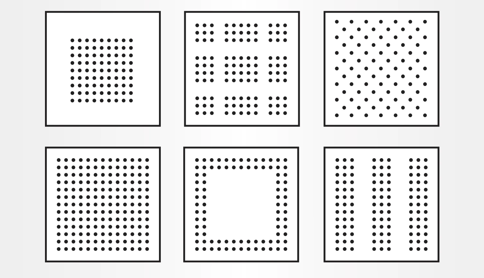 Six perforation patterns for FERREX ceiling tiles, including full-field, grouped, diagonal and bordered layouts