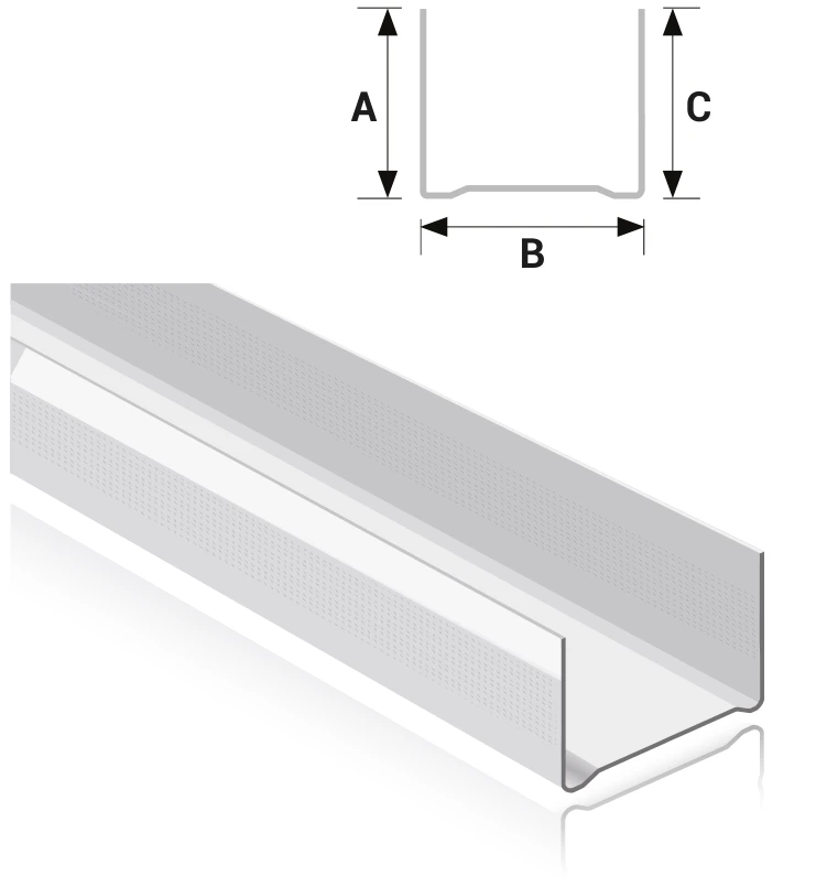 Technical drawing of FERREX Deep Track: U-shaped channel with 32mm legs A and C and base width B