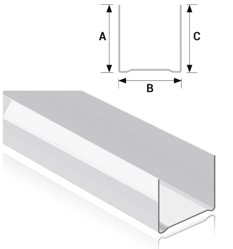 Technical drawing of FERREX Extra Deep Track: U-shaped channel with 50mm legs A and C and base width B
