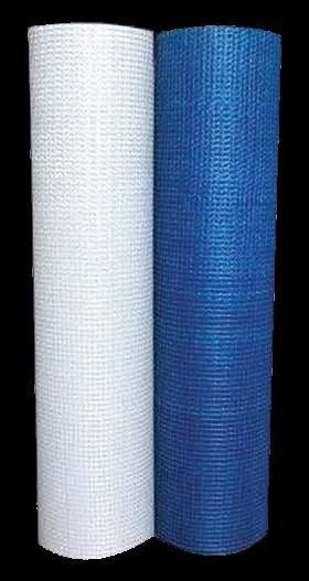 Two rolls of fibreglass reinforcing fabric, one white and one blue
