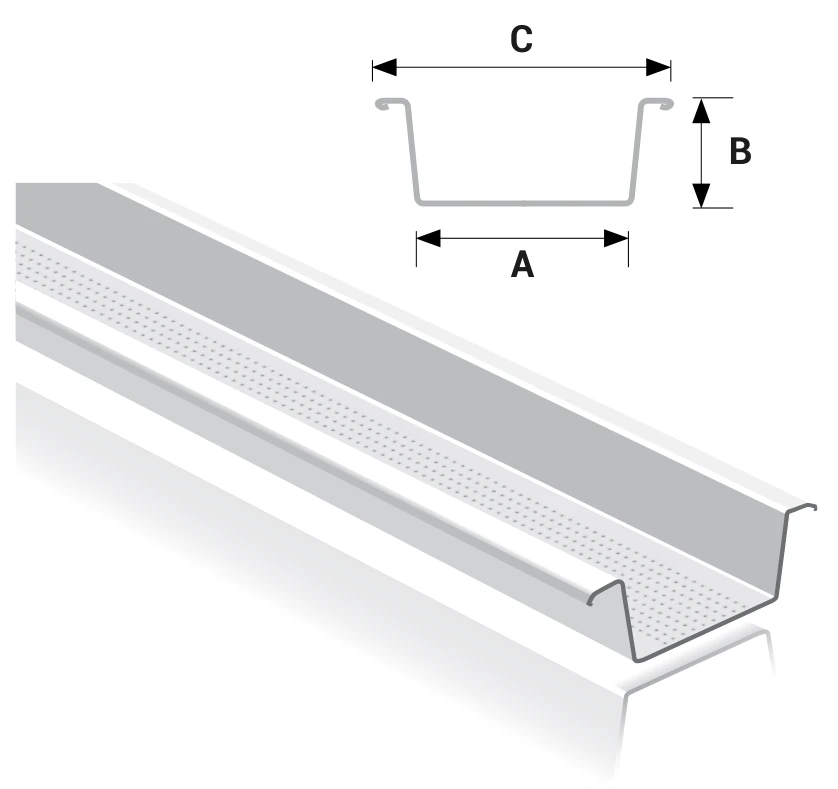 Technical drawing of a FERREX furring channel: hat-shaped profile with base width A, depth B and overall width C
