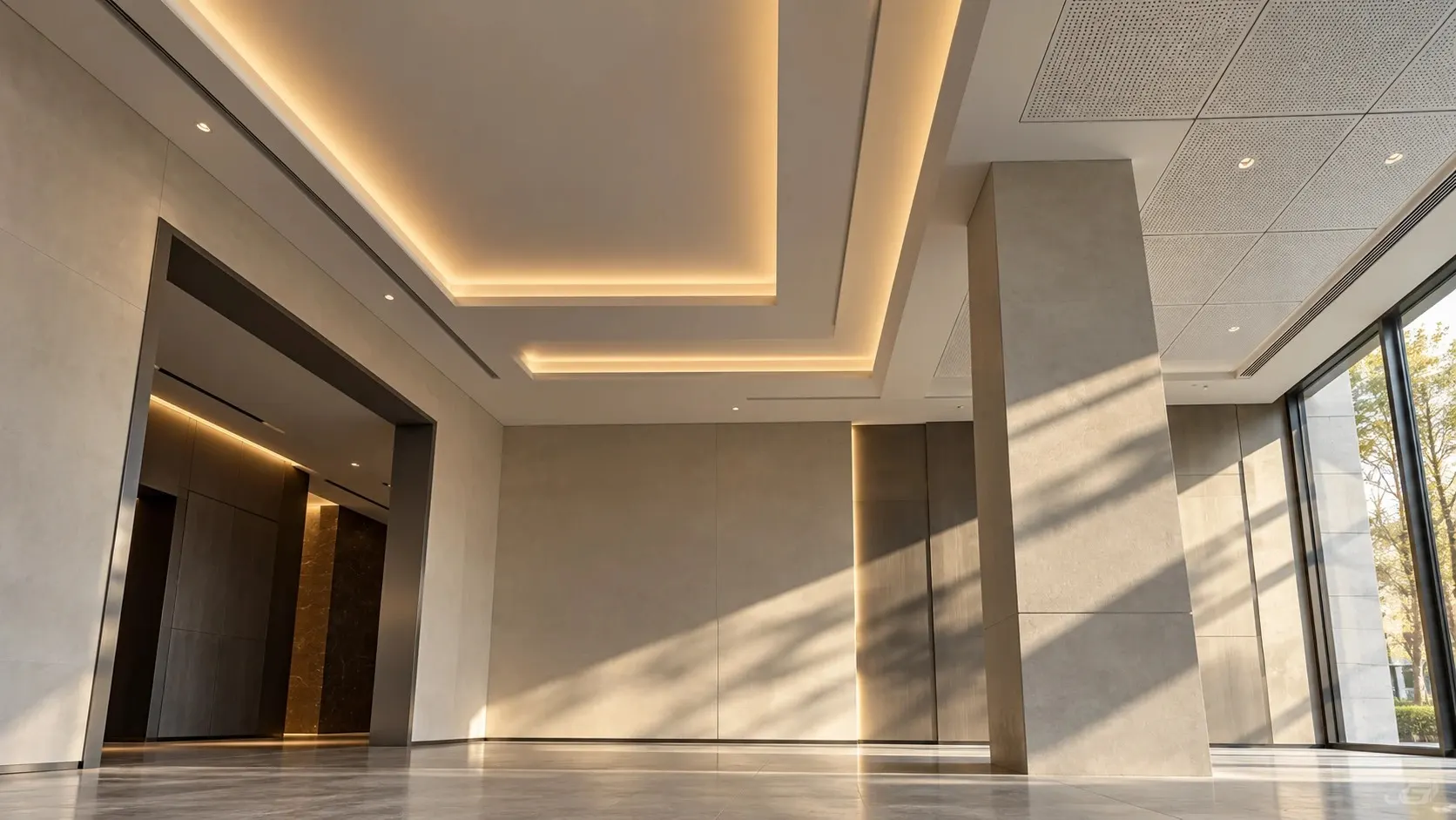 Finished lobby with a lit plasterboard ceiling, perforated ceiling tiles and stone-clad walls