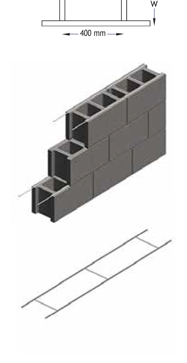 FERREX ladder reinforcement: plan drawing with 400mm cross rod spacing and width W, laid in a block wall