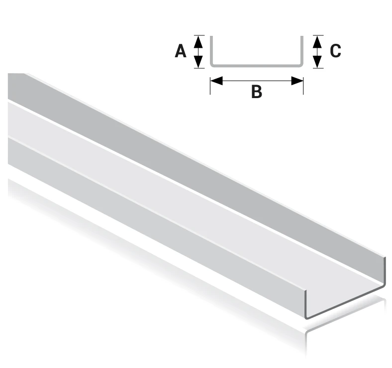 Technical drawing of a FERREX main channel: shallow U-profile with leg heights A and C and base width B
