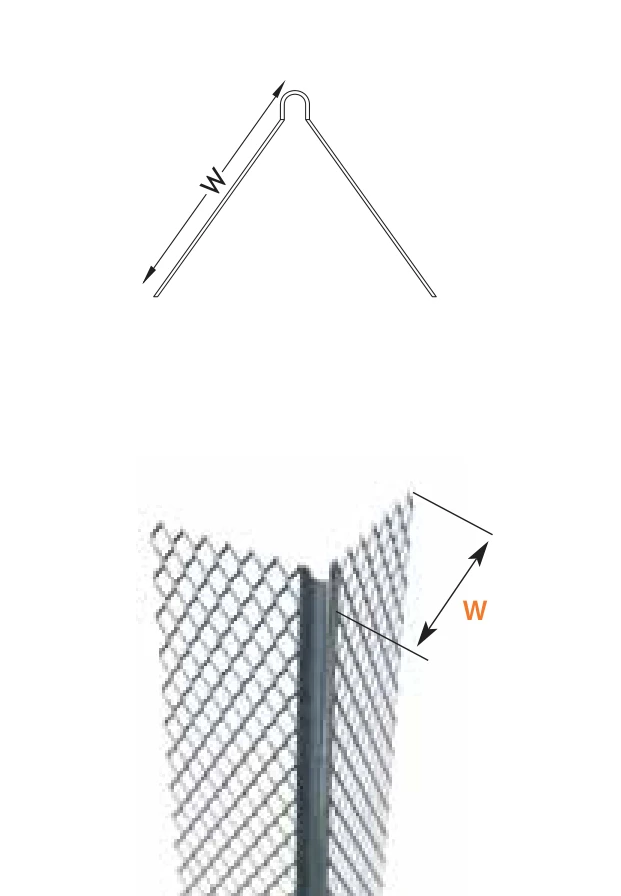 FERREX micro angle bead: section drawing with wing width W and view of the fine mesh wings