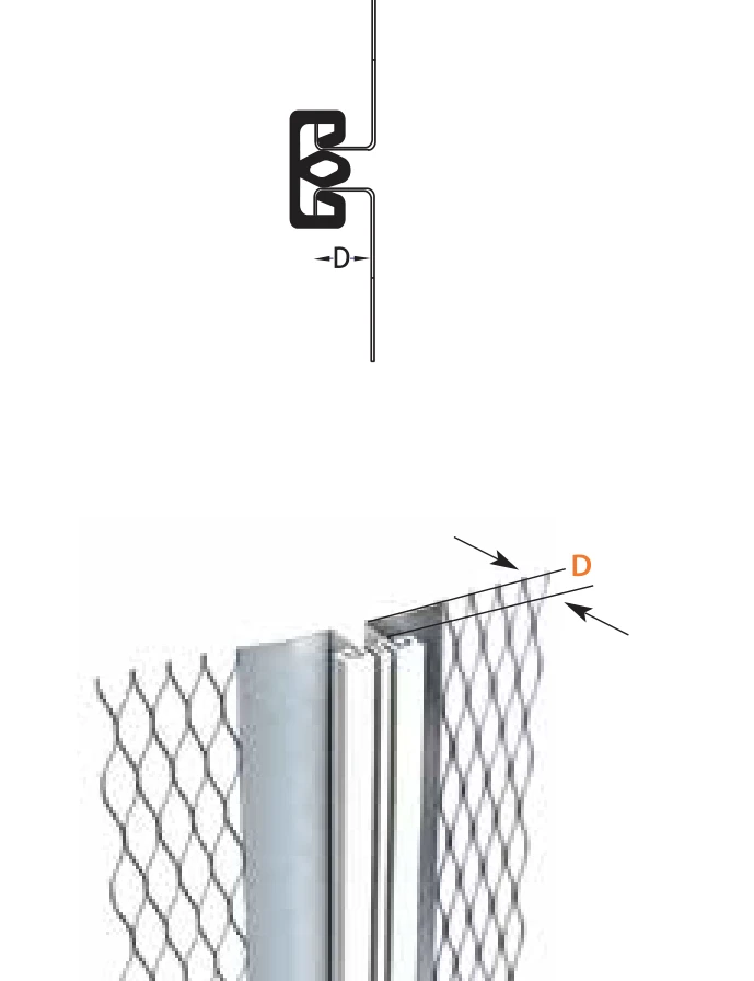 FERREX movement bead: section drawing with depth D and view of two beads joined by a PVC insert