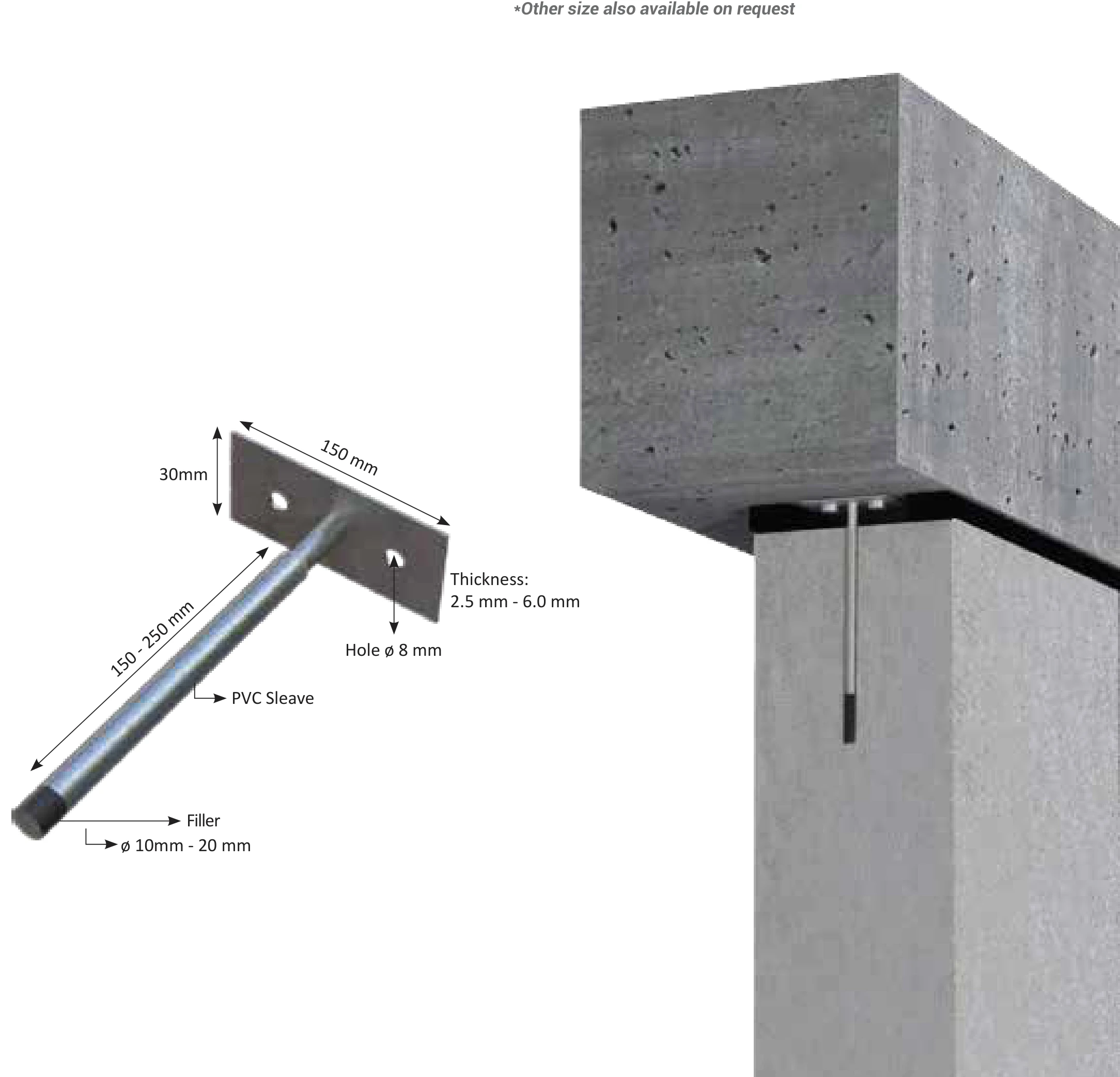 FERREX partition top anchor dimension drawing with plate, rod, PVC sleeve and filler, installed at a wall head