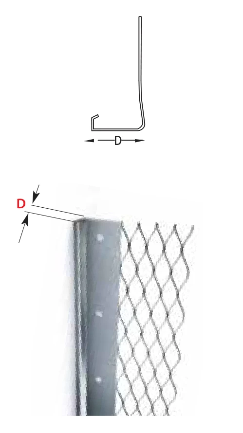 FERREX plaster stop bead: section drawing with plaster depth D and view of the bead with mesh wing