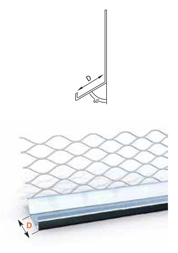 FERREX render stop bead: section drawing with depth D and view of the bead with drip edge