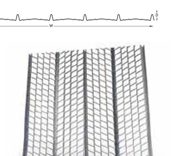 FERREX rib lath: section drawing with width W and rib depth, and view of the ribbed mesh sheet