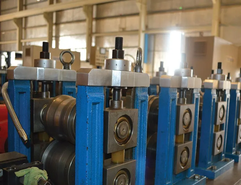 Row of roll stands on a roll-forming line producing steel profiles