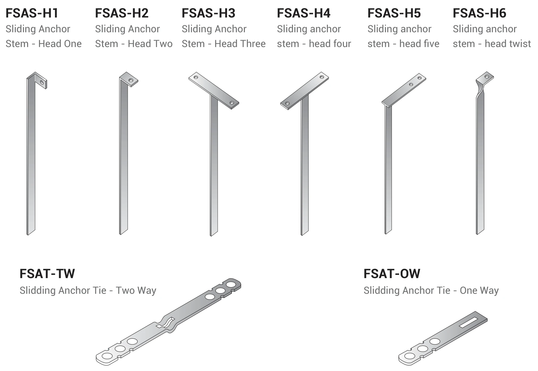 FERREX sliding anchor system specifications with six stem heads FSAS-H1 to FSAS-H6 and ties FSAT-TW and FSAT-OW