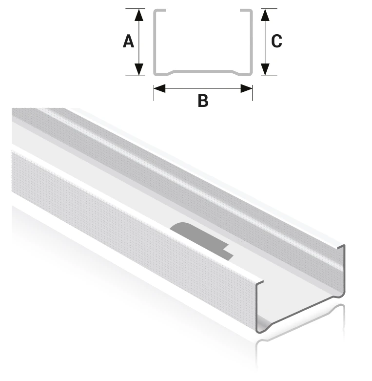 Technical drawing of a FERREX stud: C-shaped steel profile with flange heights A and C and web width B