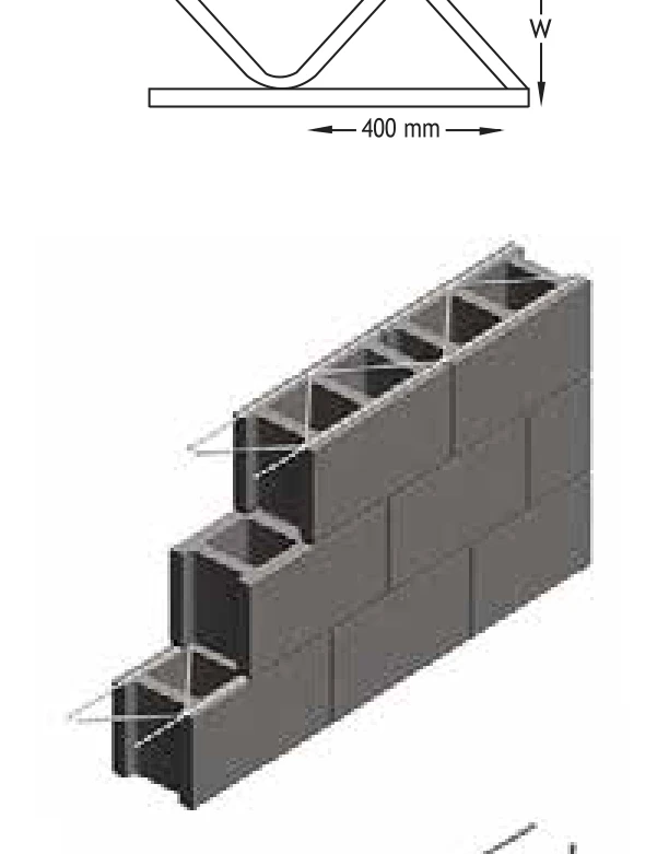 FERREX truss reinforcement: plan drawing with 400mm truss spacing and width W, laid in a block wall