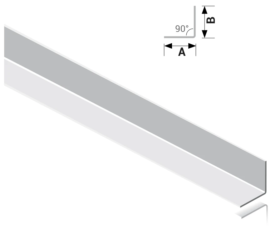 Technical drawing of a FERREX wall angle: 90 degree angle with legs A and B
